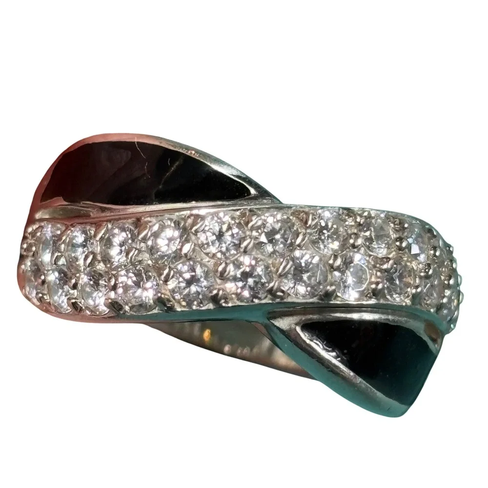 925 Sterling Silver Unisex Crossover Pave CZ Black Onyx Statement Ring Size 8